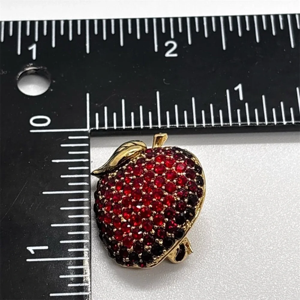 Vintage Monet Gold Tone Red Rhinestone Apple‎ Brooch Pin